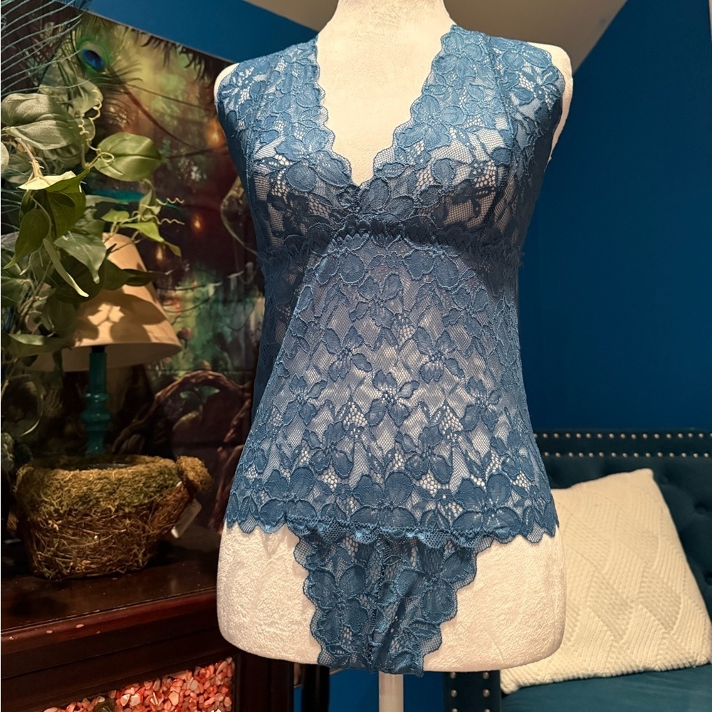 Elegant Teal Blue Lace Bodysuit
